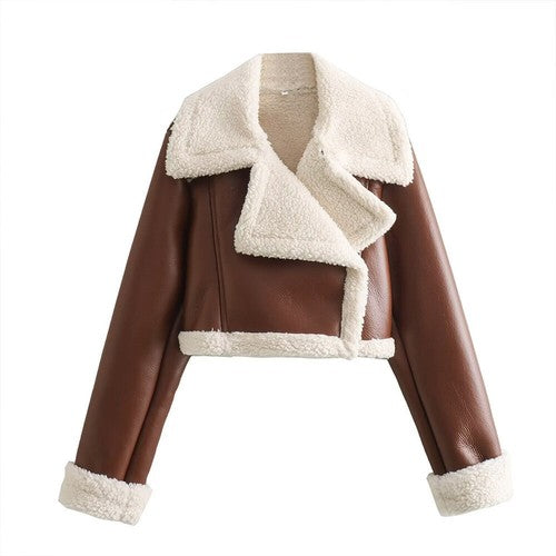 Women's Cropped Wool Blend Bomber Jacket – Turn-Down Collar, Zipper, Sizes XS–XL, 7 Colors