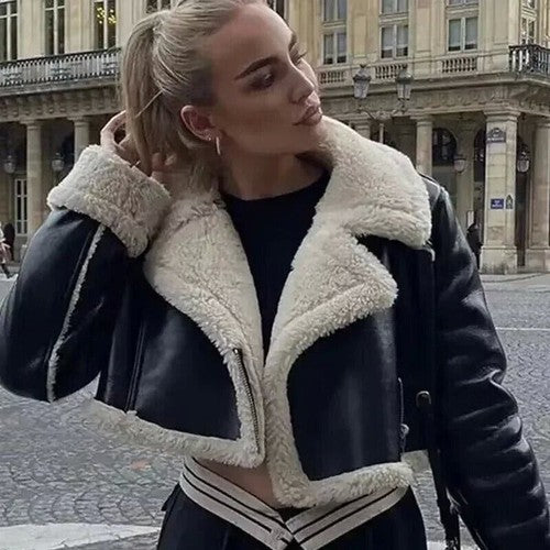 Women's Cropped Wool Blend Bomber Jacket – Turn-Down Collar, Zipper, Sizes XS–XL, 7 Colors