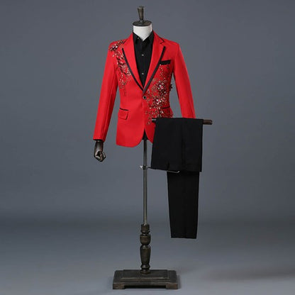 Floral Embroider Men's Suits Singer Nightclub Wedding Party Host One B