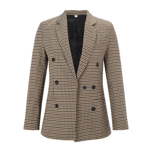 Ladies' Autumn And Winter Double Breasted Lapel Long Sleeved Checkered