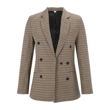 Ladies' Autumn And Winter Double Breasted Lapel Long Sleeved Checkered
