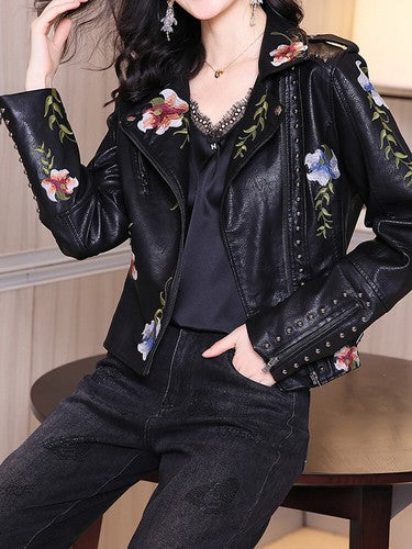 FTLZZ New Spring Autumn Women Biker Leather Jacket  Floral Print Embro