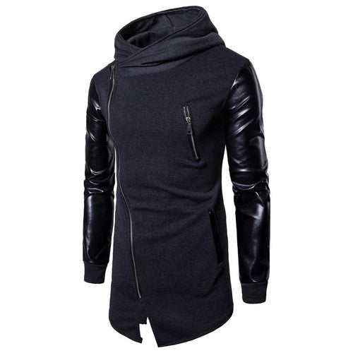 Gothic Men Fashion Hooded Sweatshirts PU Leather Patchwork Side Zipper