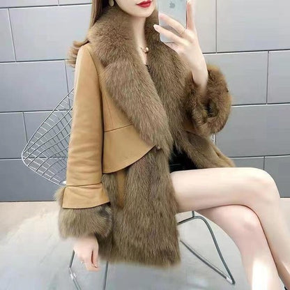 Women's Korean-Style Faux Fox Fur Slim-Fit Mid-Length Leather Coat Fur