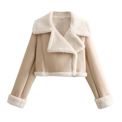 Women's Cropped Wool Blend Bomber Jacket – Turn-Down Collar, Zipper, Sizes XS–XL, 7 Colors