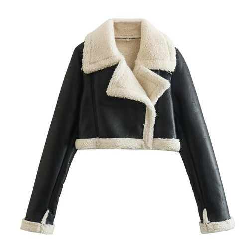 Women's Cropped Wool Blend Bomber Jacket – Turn-Down Collar, Zipper, Sizes XS–XL, 7 Colors
