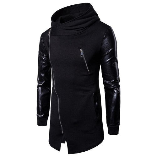 Gothic Men Fashion Hooded Sweatshirts PU Leather Patchwork Side Zipper