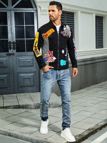 Men'S Stretch Denim Jacket, Cat Creases Wash Water, Full Embroidered S