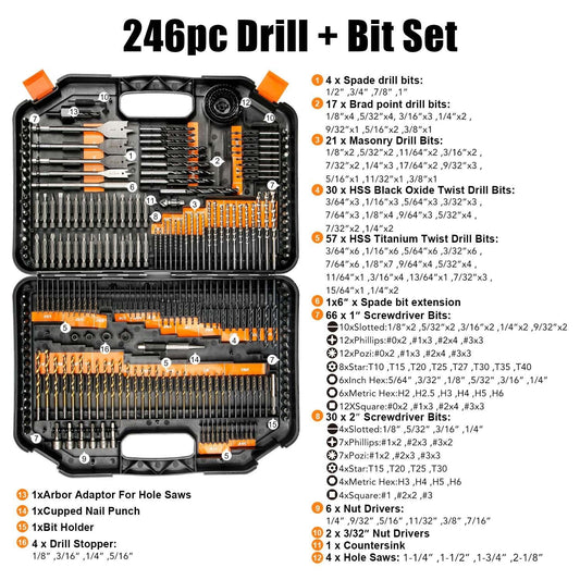 EnerTwist Drill Bit Set 246-Pieces Drill Bits and Driver Set for Wood Metal Cem