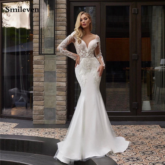 Smileven Lace Mermaid Wedding Dresses Long Sleeve V Neck Pleats  Bride D