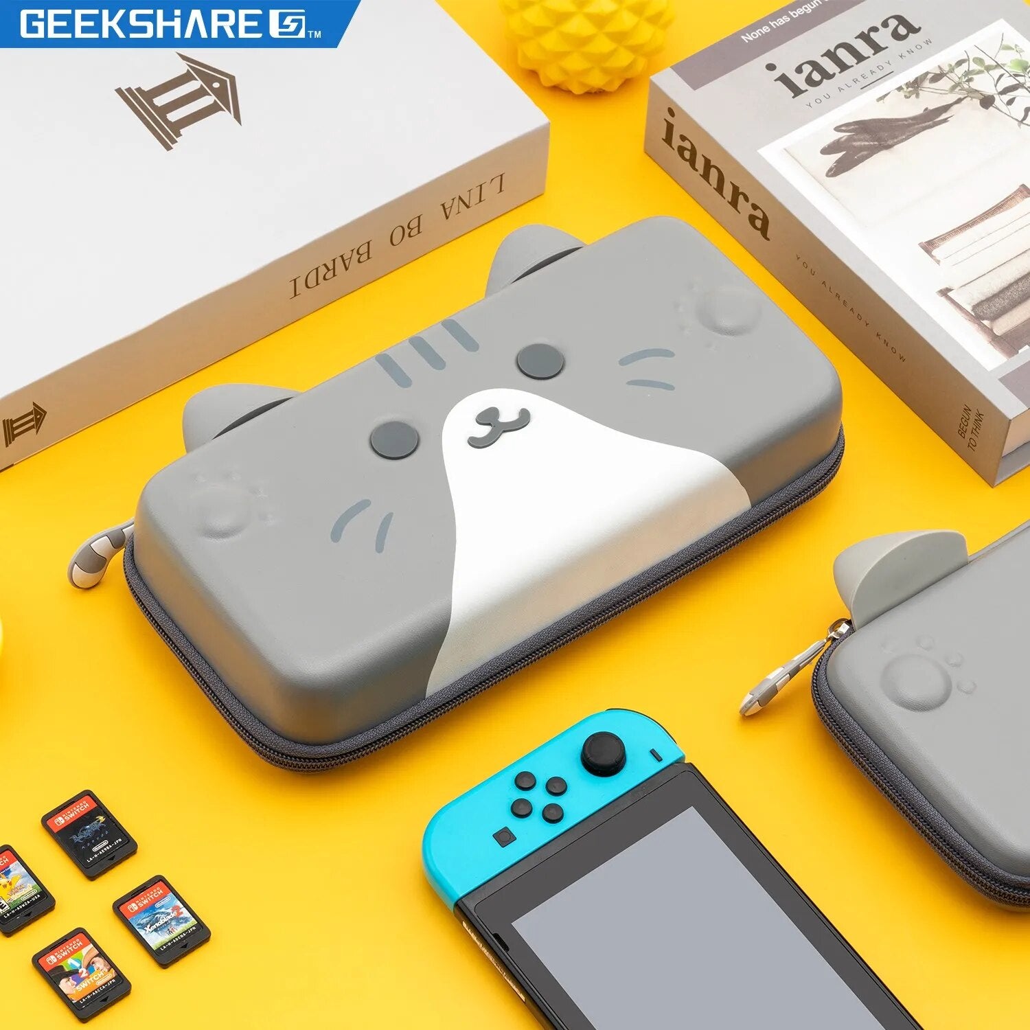 GeekShare  Cats Ears Portable Case For Nintendo Switch And Lite Gray 3D Ear