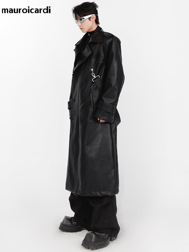 Mauroicardi Spring Autumn Oversized Cool Long Black Brown Pu Leather Trench Coa image 3