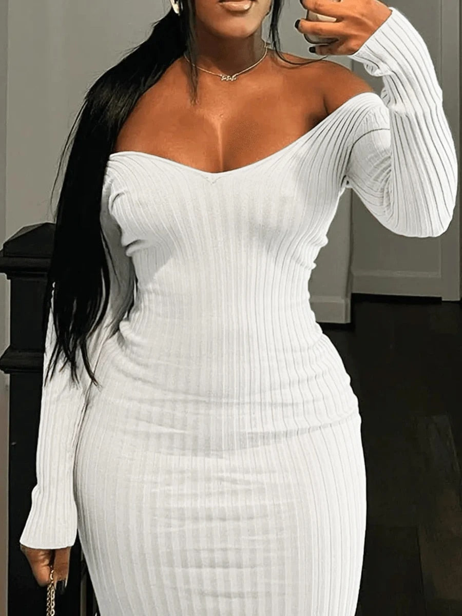LW Women V Neck Long Sleeve Midi Dresses BASICS Deep V Neck Rib Knit Bodycon