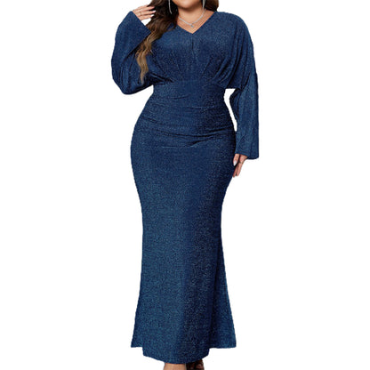 Elegant Plus Size Sequin Evening Gown with V-Neck and Long Sleeves Sparkly Form image 2