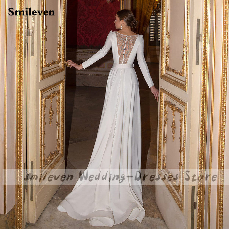 Smileven  Satin Wedding Dresses Long Sleeve Lace Bridal Gowns Muslim Wed