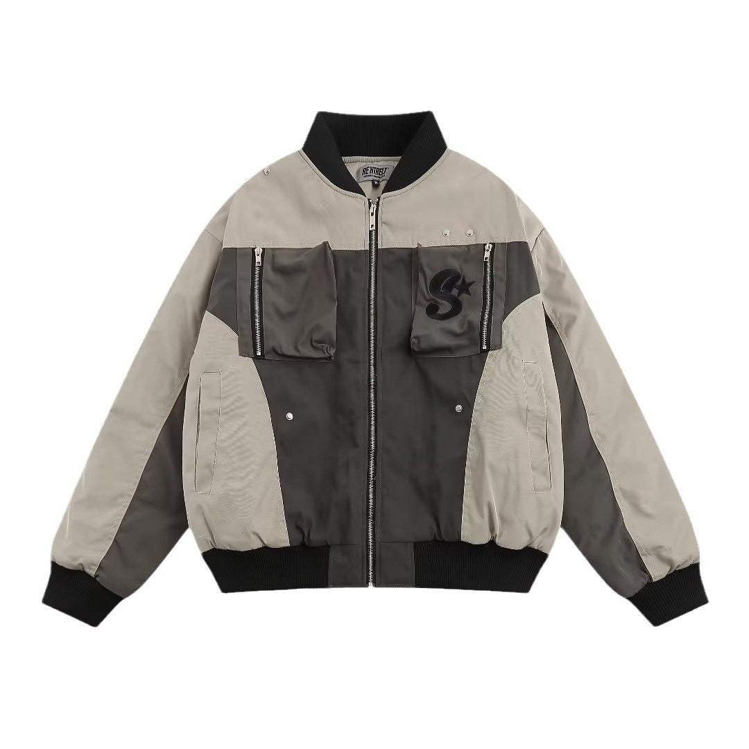 Street Retro Patchwork Baseball Jacket Man Autumn Loose Pilot Jackets Multi Poc