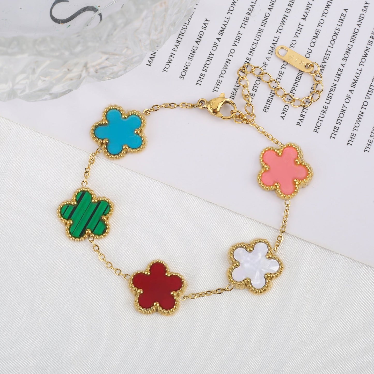 Gold Plated  Sale 316L Stainless Steel Plant Five Leaf Flower Bracelet Class image 9