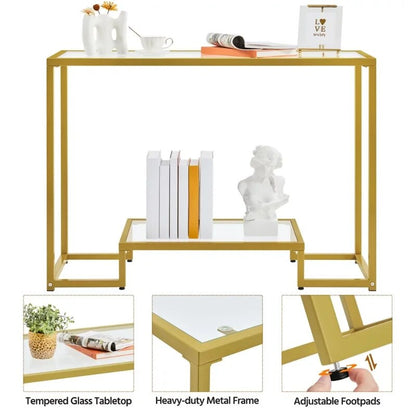 t 2-layer Modern Tempered Glass Console Table with Sturdy Metal Frame for Livin image 2