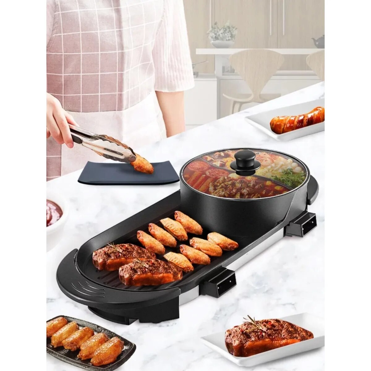 BENTISM 2 in 1 Electric BBQ Pan Grill  Pot Portable Smokeless Indoor  Pot image 0