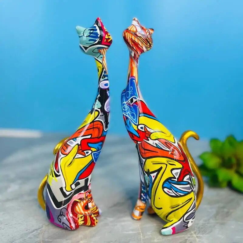 Nordic Painted Graffiti Cat Decoration Resin Abstract Lovers Cat Statue  Animal image 5