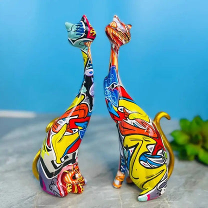 Nordic Painted Graffiti Cat Decoration Resin Abstract Lovers Cat Statue  Animal image 5