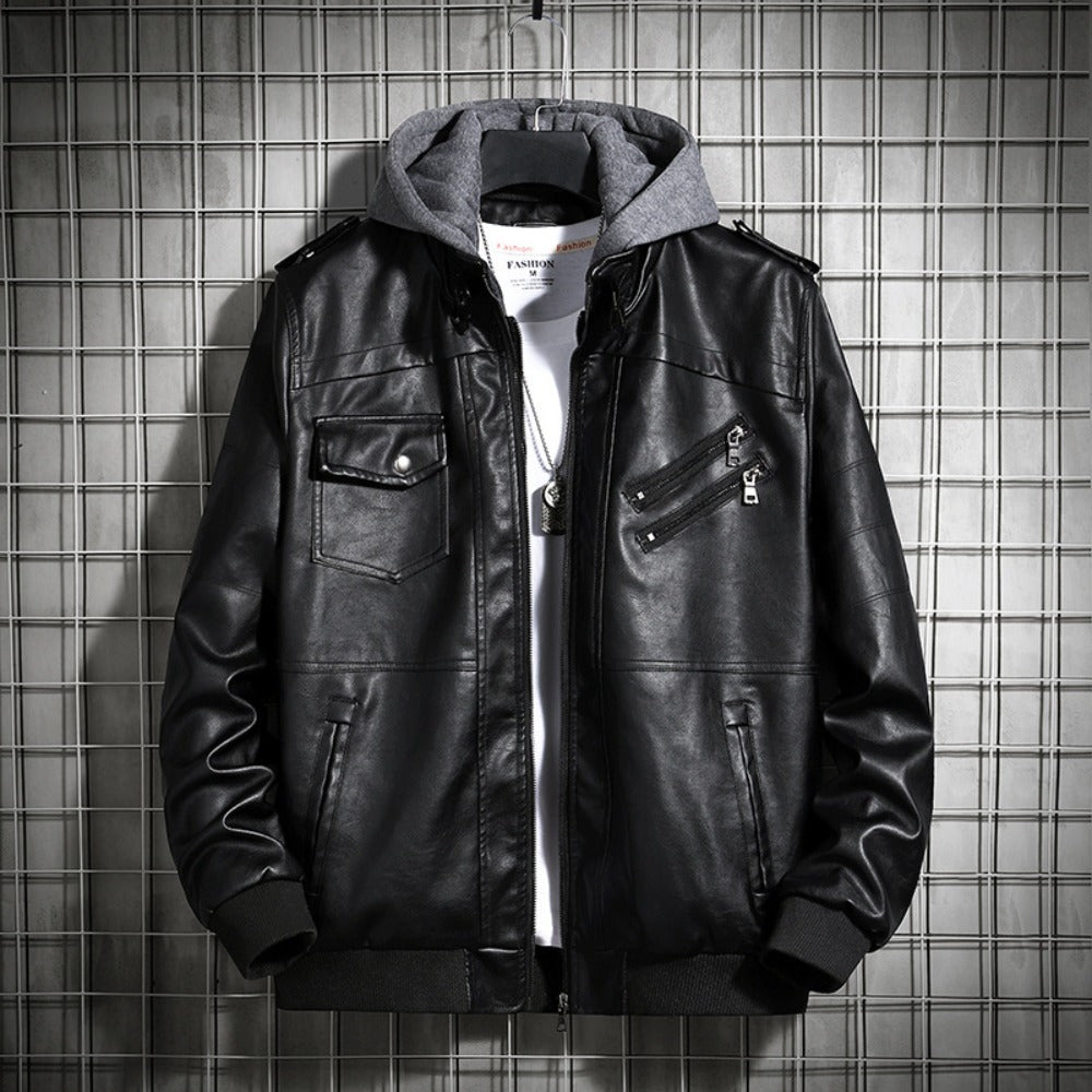 Hooded Leather Jacket Men's Jacket Winter PU Leather Coat Teenage Jackets Men's