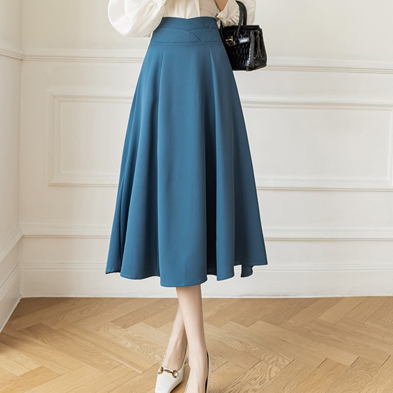Elegant Casual Women A-Line Skirt Autumn 2024 High Waist Korean Style Big Swi