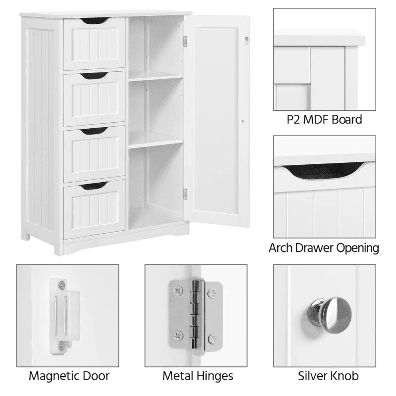 Alden Design Wooden Bathroom Storage Cabinet with 4 Drawers & Cupboard, White image 7