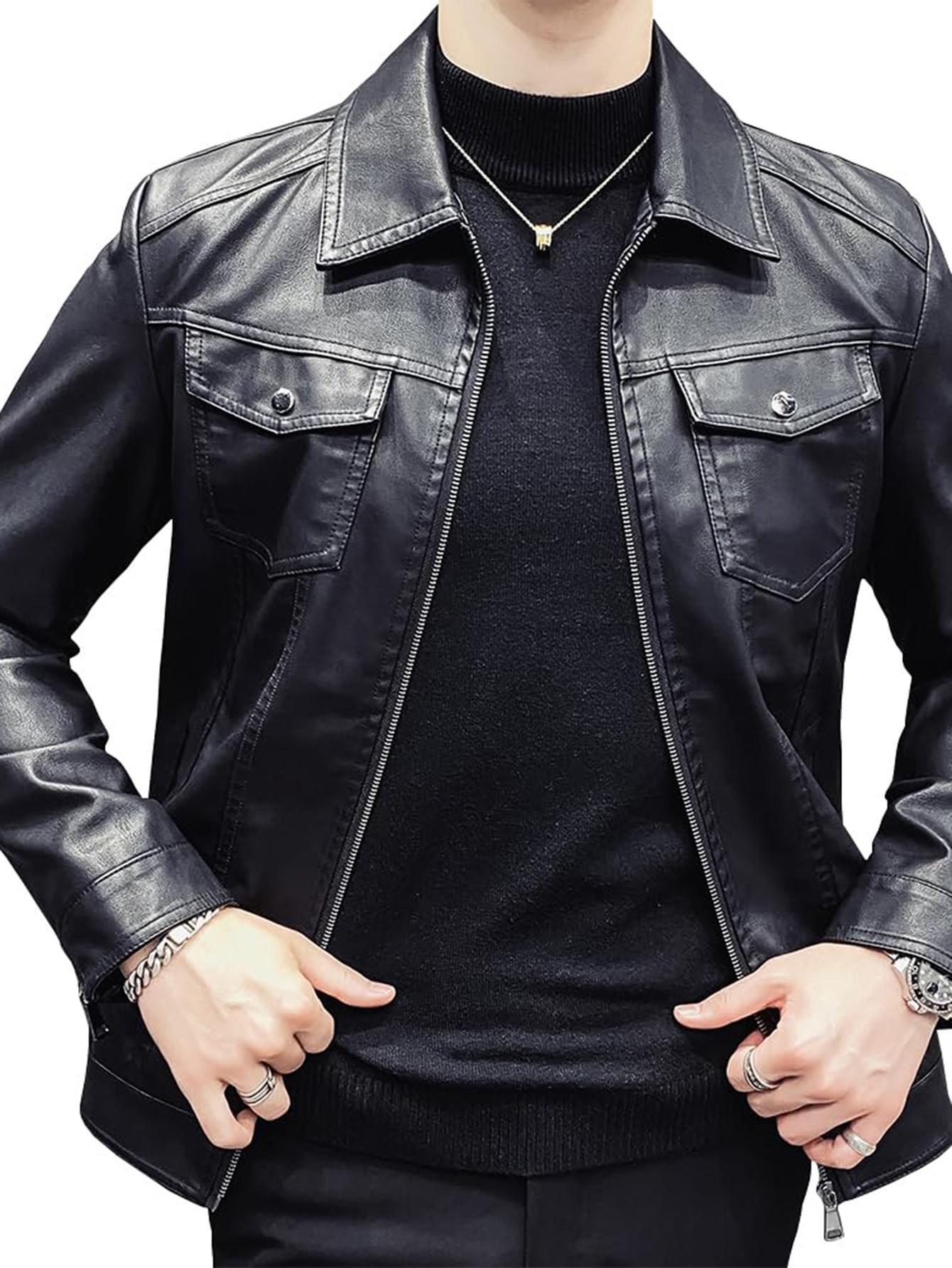 Men's Slim Fit Leather Biker Jacket Fleece Lined Thick Warm Coat for Spring Aut image 2