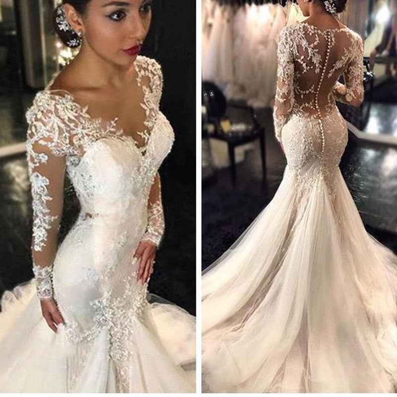 Gorgeous Lace Mermaid Wedding Dresses African Arabic Style Petite Long Sleeves