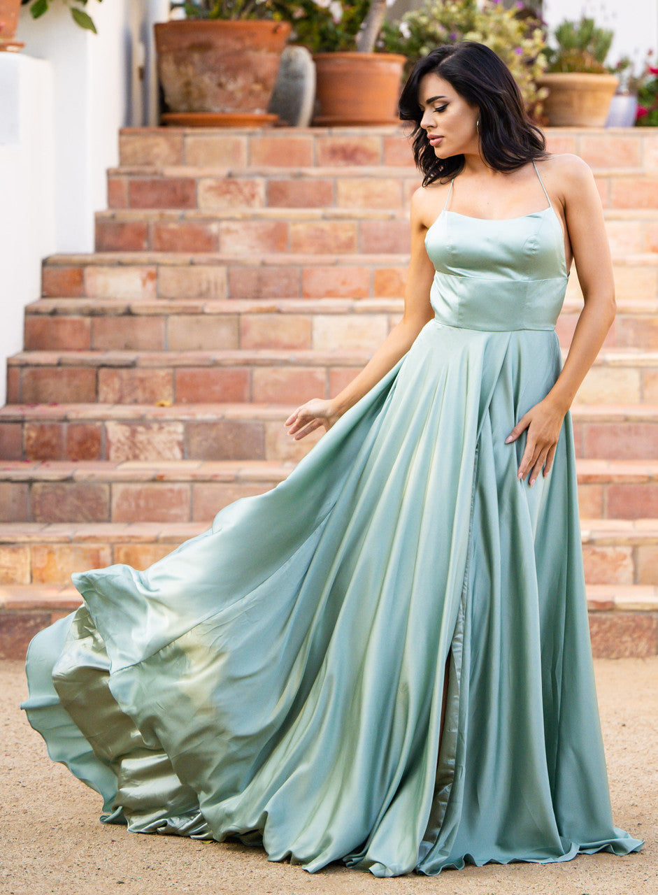 SoftSatin Maxi Flared Dress with High Slit  Bridesmaid Dress Open