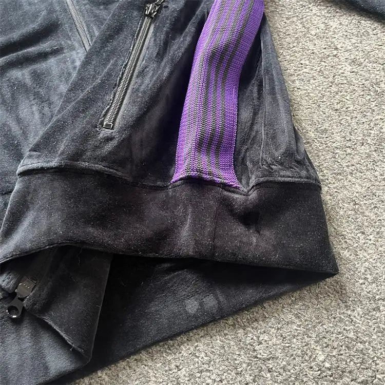 2023NOW  Japanese Retro Side Striped Velvet Embroidered Butterfly Zipper Jacket image 3