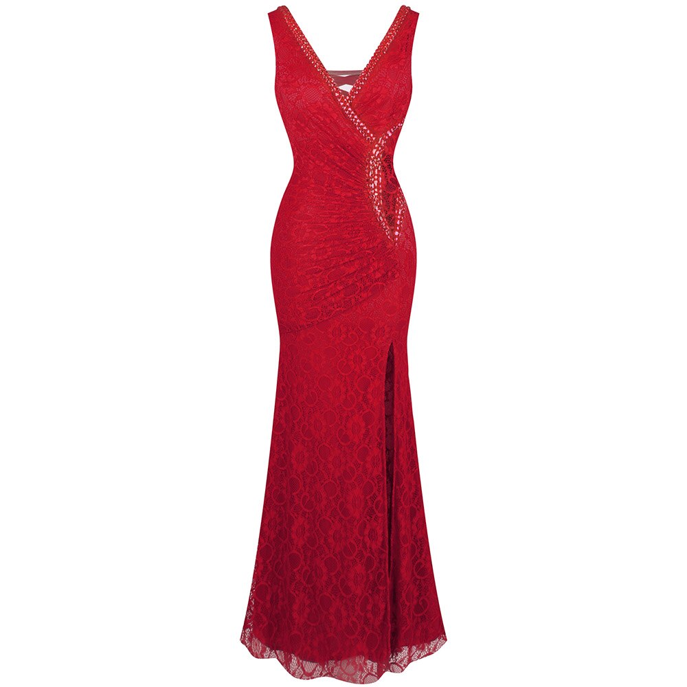 Angel-fashions Formal Party V Neck Beading See Through Lace Evening Dress