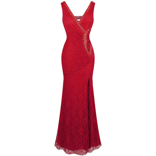 Angel-fashions Formal Party V Neck Beading See Through Lace Evening Dress