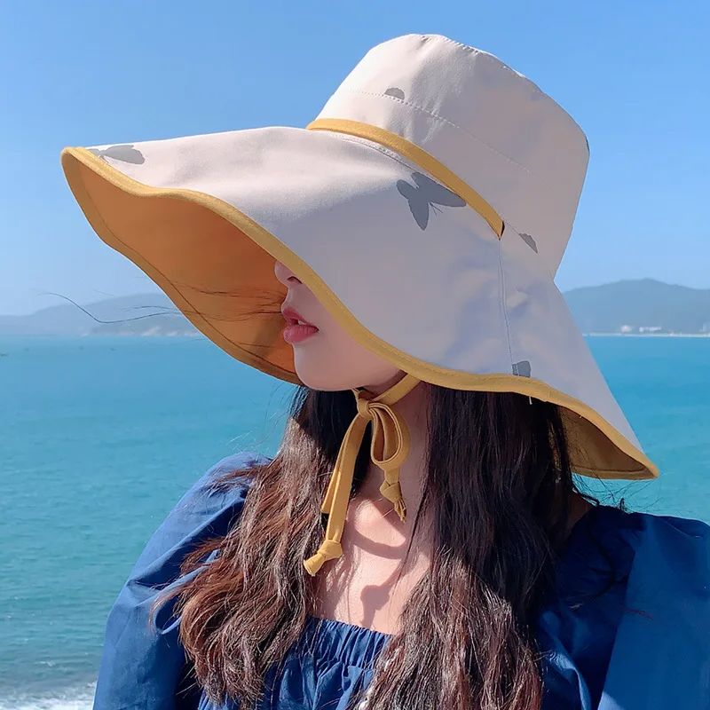 Double-sided Large-brimmed Sun Hat WoMen's Printed Butterfly Tie Rope Sunscreen