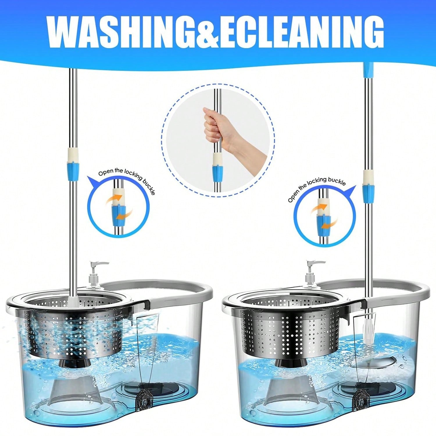 Spin Mop Bucket Set with Soap Dispenser 360°Rotating 2 Microfiber Heads 61" Adj image 8