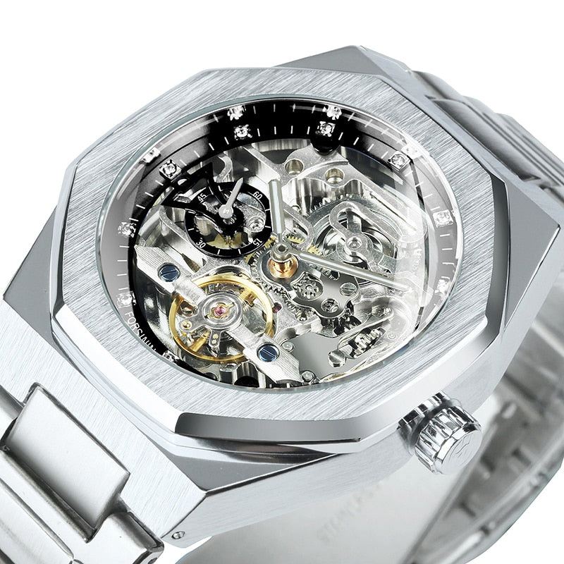 Forsining Black Automatic Watch 3D Diamond Dial Irregular Skeleton Mechanical W image 2