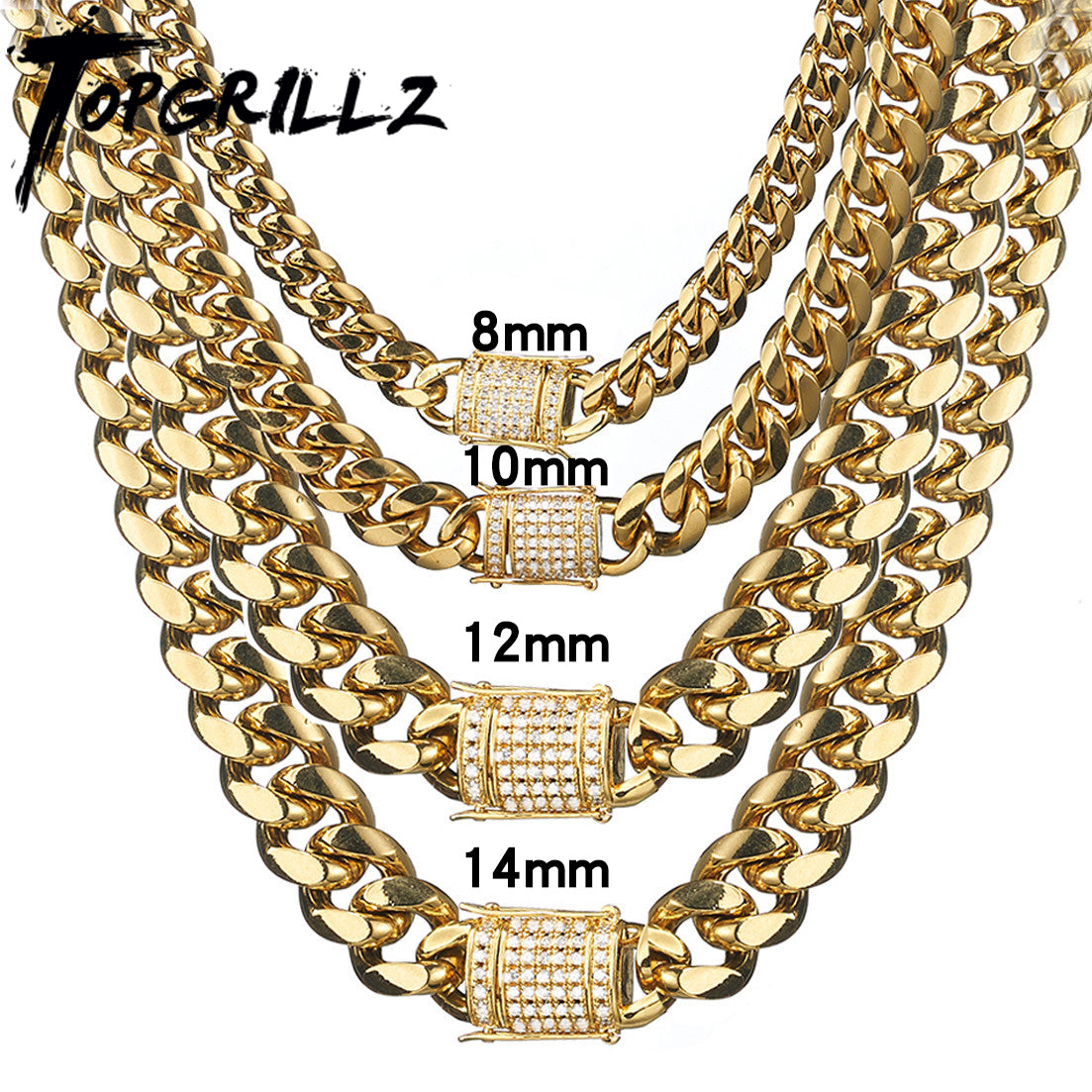 TOPGRILLZ Necklace Bracelet Set 8/10/12/14MM STAINLESS STEEL Gold Miami Cuban C image 1