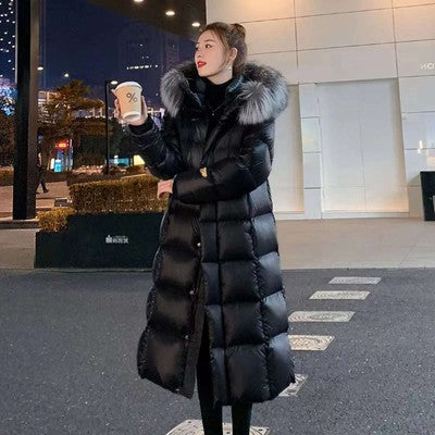 Women's Long Hooded Down Jacket — 80% White Duck Down, Thick Winter Puffer Coat, Zipper Closure