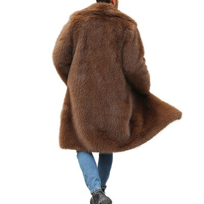 Women Faux Fur Hooded Parka Coat Stylish Solid Color Zipper Front Warm