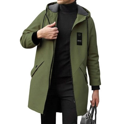 Men s Classic Double-Breasted Trench Coat with Belt Long Sleeve Hooded