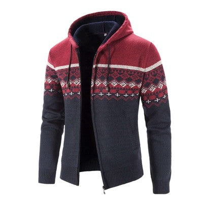 Fall Winter Men's Hooded Sweater Cardigan Jacket Color Block Long Slee
