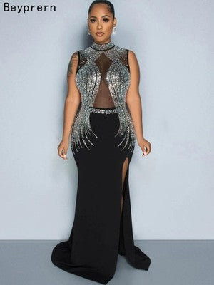 Beyprern Women Black Mesh Bust Rhinestones Decor High Slit Maxi