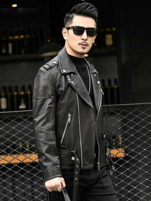 Spring Autumn Short Cool Black Leather Biker Jacket Men Zipper Long Sl