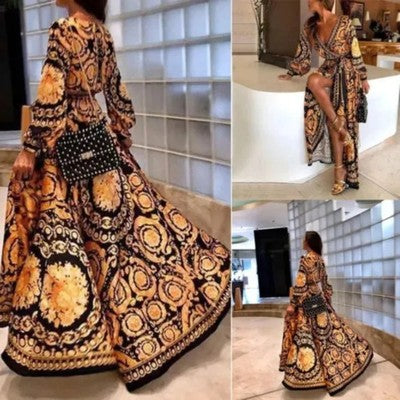 Women´s Autumn Boho Floral Long Sleeve Long Maxi Dress Party Beach Su