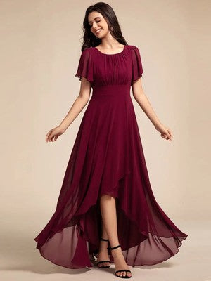 Elegant Evening Dresses Round Neck Ruffles Sleeve Asymmetrical Hem 202