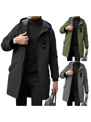 Men s Classic Double-Breasted Trench Coat with Belt Long Sleeve Hooded
