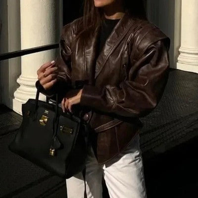 2025 New Vintage Lapel Lace-up Leather Jackets Women Chic Solid Long S