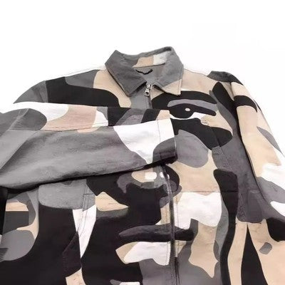 American style new retro printed slim fit long sleeved polo collar zip