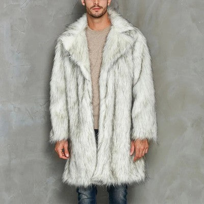 Men Winter Coat Long Sleeve Lapel Collar Open Front Faux Fur Coat Jack